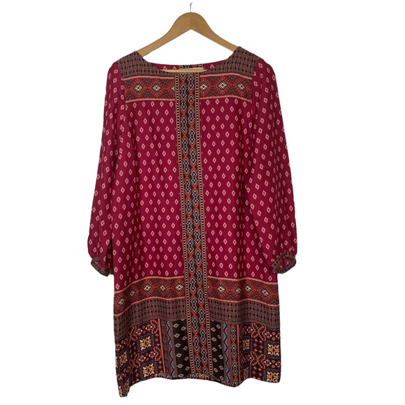 ANN TAYLOR LOFT Puff Sleeve Dress Red White Black Diamond Boho Mosaic Shift - Picture 1 of 5